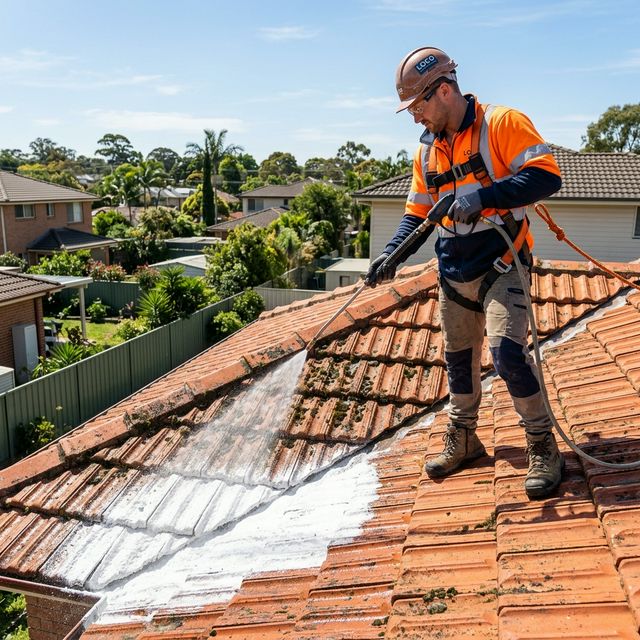 Artisan réalisant un traitement anti-mousse sur toiture